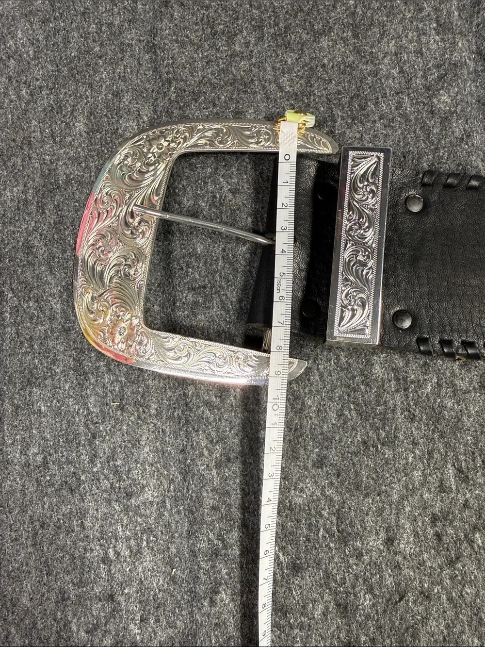 Big AL Vintage Western Black Leather Belt with Silver Engraved Buckle